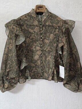 Anthropologie Calligraphie Olive Floral Ruffle Blouse Balloon Sleeve Sz XS/S